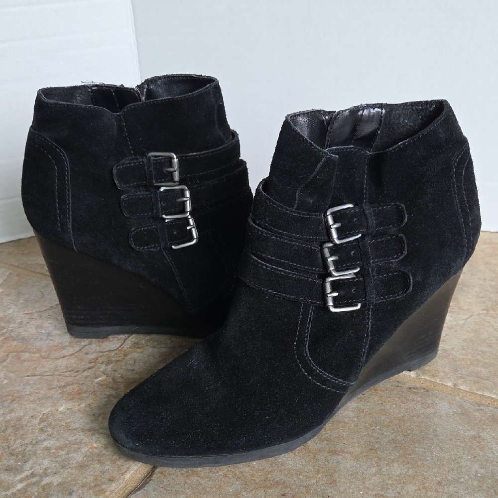 Franco Sarto Wallace Black Suede Wedge Buckle Ankle Boots